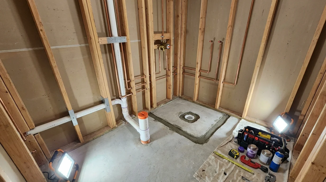 Bathroom rough-in plumbing during remodel by Johns Plumbing LLC in Aromas