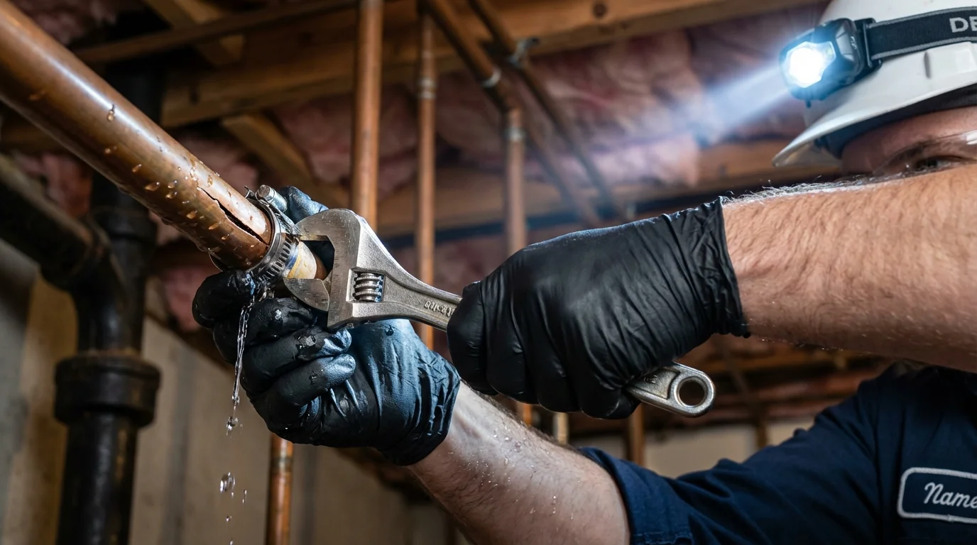 Emergency pipe clamp repair being performed by a Johns Plumbing LLC plumber in Aromas
